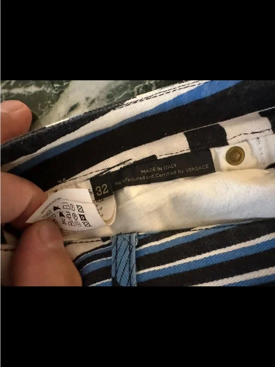 Versace Blue, Black & White Striped Pants - Picture 2 of 3